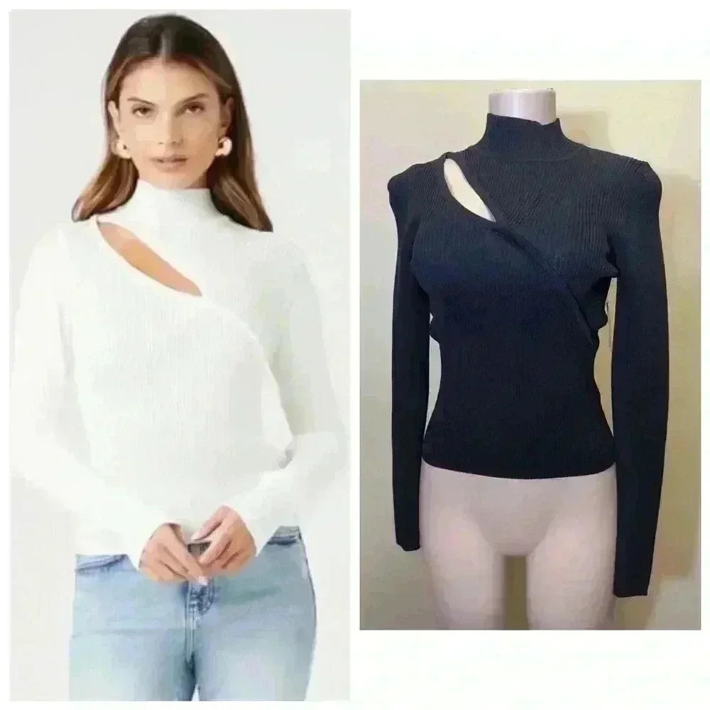NWT Forever 21 Women's Asymmetric Cut Out Knit Sweater in Black, Size L
